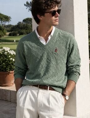 Vintage Textured Sage V Neck Sweater Gold Logo Coastal Preppy Old Money Knit